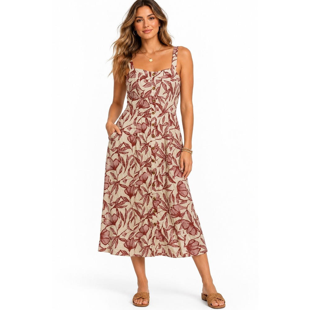 Market & Spruce Benne Linen Dress Beige Red Floral Button Front Midi Large NEW